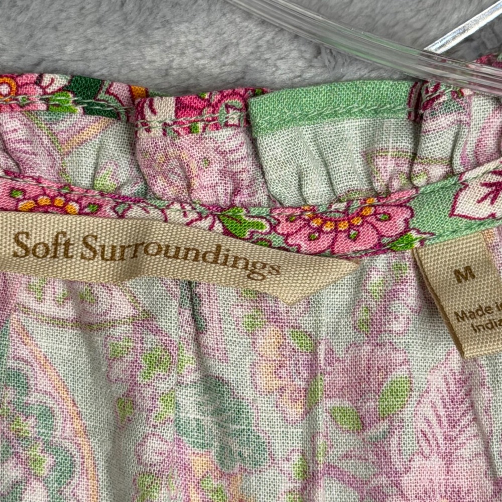 Soft Surroundings Paige Linen Blend Top Womens M Green Floral Ruffle Boho Beach - Picture 3 of 7